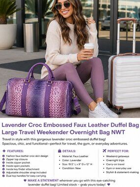 Lavender Croc Embossed Faux Leather Duffel Bag Large Travel Weekender Overnight